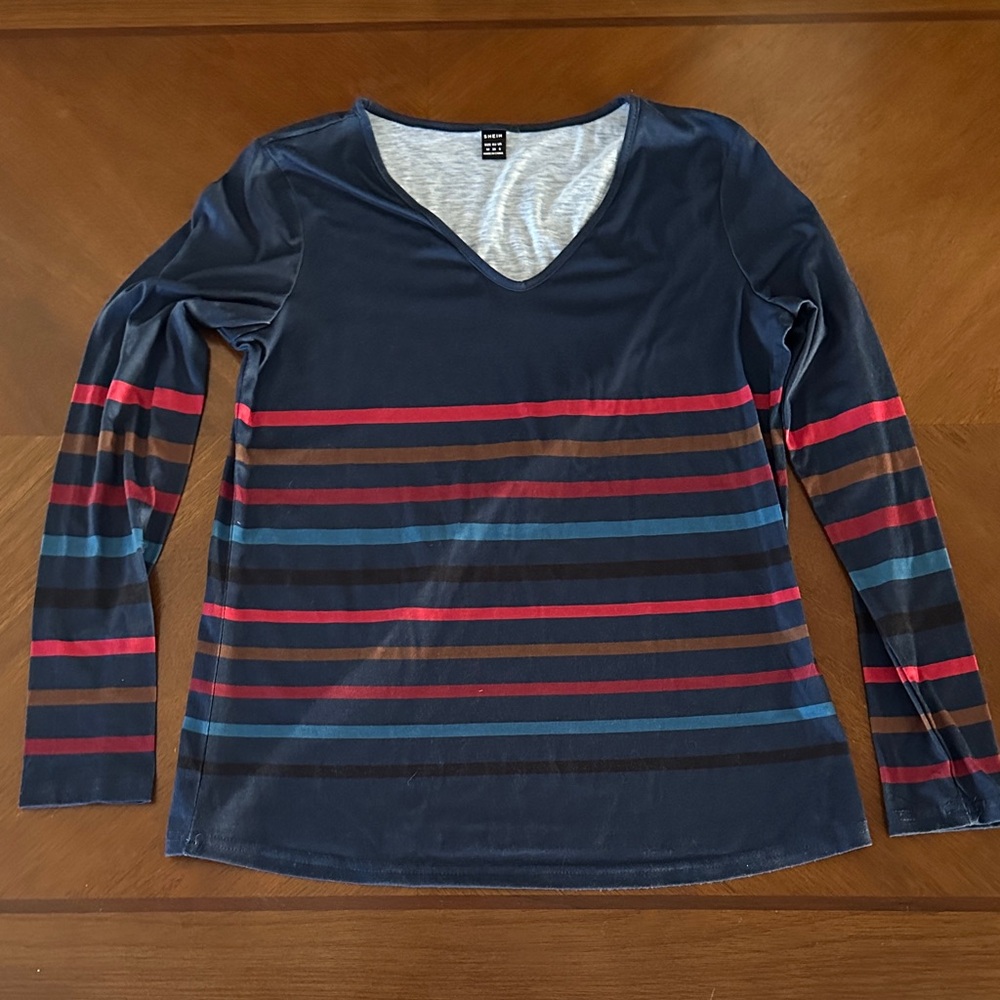 SHEIN Navy and Multicolor Striped Long Sleeve Top